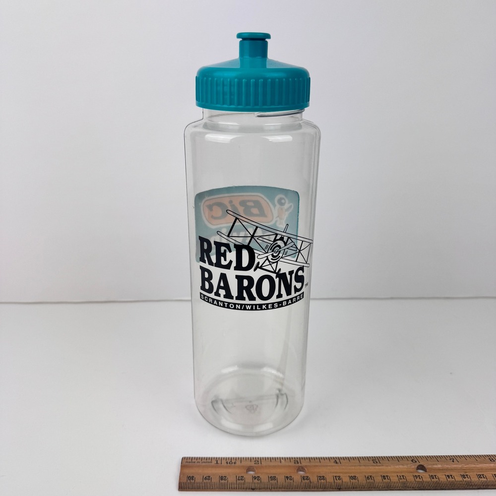 Vtg‎ 90s Red Barons Baseball Team Promo Clear Plastic Water Bottle Bic 32oz READ